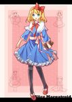  alice_margatroid amemiya_ruki apron blonde_hair blue_eyes blush_stickers book bow capelet character_name closed_eyes hair_bow hairband highres long_sleeves open_mouth pantyhose ponytail sash short_hair side_ponytail solo standing striped striped_legwear touhou vertical-striped_legwear vertical_stripes 