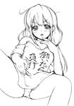  blush clothes_writing futaba_anzu greyscale highres idolmaster idolmaster_cinderella_girls long_hair looking_at_viewer m-eiji monochrome panties shirt simple_background solo t-shirt underwear white_background you_work_you_lose 