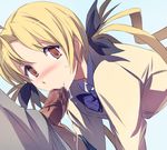  akira_(coffee_curry) blonde_hair blush brown_eyes censored chaos;head cum dark_penis fellatio hair_ribbon hetero looking_at_viewer mosaic_censoring oral orihara_kozue penis ponytail ribbon saliva school_uniform simple_background solo_focus 