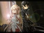  1girl asuna_(sao) black_eyes black_hair breastplate brown_eyes brown_hair highres kirito lens_flare letterboxed long_hair poker-face-008 rapier scabbard sheath short_hair sword sword_art_online weapon 