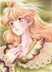  blonde_hair blush collarbone colored_pencil_(medium) feathers green_background green_eyes hand_on_own_chest kagurazuki_miu long_hair original parted_lips solo traditional_media upper_body 