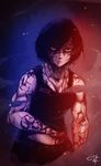  black_hair blood breasts cleavage commander_shepard commander_shepard_(female) commentary cuts dark_persona dog_tags english_commentary hushabye injury mass_effect mass_effect_3 medium_breasts muscle muscular_female red_eyes scar short_hair signature smoke solo tank_top 