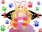  bad_id bad_pixiv_id blonde_hair breasts cleavage collarbone crossed_arms eyes gap hand_print hat hat_ribbon large_breasts long_hair mutsuki_(ama245) puffy_sleeves purple_eyes ribbon short_sleeves smile solo touhou yakumo_yukari 