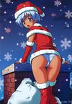  1girl ass blue_hair christmas dark_skin female hat irma official_art open_mouth panties purple_eyes purple_eys queen&#039;s_blade queen's_blade short_hair solo standing thigh_gap toma_(asagayatei) underwear wide_hips winter 