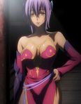  1girl breasts bridal_gauntlets cleavage elbow_gloves gloves hair_ornament highres lipstick makeup matsunaga_hisahide_(oda_nobuna_no_yabou) mole oda_nobuna_no_yabou purple_hair screencap short_hair side_slit solo stitched yellow_eyes 