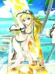  1girl bikini blonde_hair green_bikini green_eyes hat headphones highres hoshii_miki idolmaster idolmaster_(classic) long_hair ocean smile solo swimsuit 