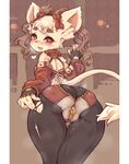  1girl 7010 ass blush brown_hair detached_sleeves dofus ecaflip eyebrows fingerless_gloves from_behind furry gloves highres huge_ass looking_back naughty_face red_eyes saliva solo thick_thighs thighs tongue torn_clothes twintails wide_hips zipper 
