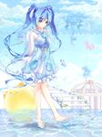  aqua_eyes arms_behind_back barefoot blue_hair cloud day dress feet hatsune_miku highres hmniao long_hair outdoors see-through sky smile solo stairs star tiptoes toenails toes twintails very_long_hair vocaloid wading water 