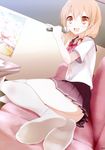  :d absurdres blonde_hair bow couch feet hair_bow highres holding karaoke microphone oouso open_mouth orange_eyes original scan school_uniform smile solo table thighhighs white_legwear 