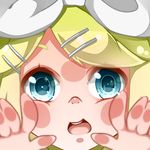  :d against_fourth_wall against_glass blonde_hair blue_eyes close-up face fourth_wall hair_ornament hair_ribbon hairclip hands kagamine_rin nou open_mouth ribbon short_hair smile solo vocaloid 