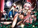  alcohol aqua_eyes bad_id bad_pixiv_id boots breasts cleavage cup drinking_glass fangs garter_belt horns kuromayu large_breasts long_hair megurine_luka navel pink_hair pointy_ears solo tail thighhighs vocaloid wine wine_glass 