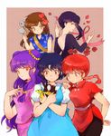  1boy 5girls alternate_form bandolier blue_eyes blue_hair braid brown_eyes flower genderswap green_eyes hibiki_(bagawa) hibiki_ryouga kunou_kodachi kuonji_ukyou leotard multiple_girls p-chan pig pigtail purple_hair ranma-chan ranma_1/2 red_eyes red_hair ribbon rose sailor_fuku saotome_ranma school_uniform serafuku shampoo_(ranma_1/2) single_braid spatula tendou_akane 