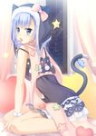  animal_ears blue_eyes blue_hair blush bow candy cat_ears cat_tail curtains dress food fuyu_urara lollipop looking_at_viewer mouth_hold original sitting solo star tail wariza 