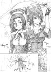  2girls absurdres breasts eyepatch gloves hair_between_eyes headgear highres kantai_collection kojima_takeshi mechanical_halo monochrome multiple_girls partly_fingerless_gloves shared_umbrella tatsuta_(kantai_collection) tenryuu_(kantai_collection) thighhighs traditional_media umbrella 