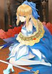  absurdres ahoge alternate_costume artoria_pendragon_(all) avalon_(fate/stay_night) bad_id bad_pixiv_id blonde_hair cape citemer dress elbow_gloves excalibur fate/zero fate_(series) flower gloves green_eyes hair_flower hair_ornament hair_ribbon highres lace lace-trimmed_thighhighs ribbon rose saber sitting smile solo sword thighhighs wariza weapon 