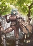  1girl axe bare_shoulders belt bodysuit breasts character_request commentary elbow_gloves english_commentary forest gloves green_eyes green_hair highres holding holding_axe jun_(seojh1029) large_breasts log long_hair nature open_mouth original outdoors rope sash shin_guards solo strap tree 