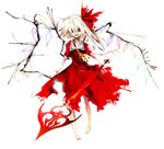  alternate_costume ascot banpai_akira barefoot blonde_hair crazy_eyes crazy_smile dress flandre_scarlet full_body game_cg hair_between_eyes hair_ribbon koumajou_densetsu koumajou_densetsu_1 laevatein no_hat no_headwear non-web_source one_side_up red_dress red_eyes ribbon short_sleeves slit_pupils solo torn_clothes touhou white_background wings 