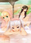  3girls bath black_hair blonde_hair brown_eyes clalaclan_philias crown forest green_eyes houmei long_ears long_hair onsen open_mouth purple_eyes rock shining_tears sitting smile stone towel tree twintails very_long_hair wall water while_hair xecty_ein 