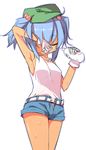  arm_up armpits belt blue_hair bottle closed_eyes gloves hair_bobbles hair_ornament hat holding kawashiro_nitori shamo_(koumakantv) short_shorts shorts solo sweat touhou two_side_up unzipped white_background wiping_sweat 