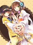  ao2222 bike_shorts black_hat brown_hair coat dual_persona flower green_eyes hairband hat holding_hands leia_rolando multicolored_hair multiple_girls one_eye_closed ribbon tales_of_(series) tales_of_xillia tales_of_xillia_2 two-tone_hair 