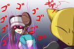  1girl abra brown_eyes commentary_request double_bun glowing glowing_eyes hair_bun jojo_no_kimyou_na_bouken long_hair menacing_(jojo) nishi_koutarou painttool_sai_(medium) pokemon pokemon_(creature) pokemon_bw2 raglan_sleeves rosa_(pokemon) sound_effects sweat twintails visor_cap you_gonna_get_raped 
