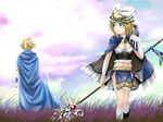  1girl aqua_eyes bandages blonde_hair boots bracelet breasts brother_and_sister cleavage cloak cloud crown field grass jewelry kagamine_len kagamine_rin kuromayu medium_breasts midriff navel siblings staff twins vocaloid 