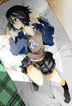  arms_up asakura_(pnabe) bad_id bad_pixiv_id bed black_hair black_legwear blazer bob_cut brown_eyes from_above inaba_himeko jacket kokoro_connect lying midriff pillow plaid plaid_skirt school_uniform short_hair skirt solo sweater_vest 