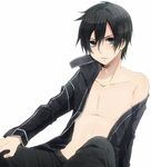  belt black_eyes black_hair black_jacket collarbone jacket keita_(tundereyuina) kirito male_focus off_shoulder open_clothes open_jacket pants parted_lips simple_background solo sword_art_online white_background 