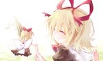  absurdres blonde_hair bow closed_eyes doll dqn_(dqnww) facing_another fingers flower from_side hair_bow hair_ribbon highres lily_of_the_valley medicine_melancholy ribbon short_hair skirt smile su-san touhou upper_body wings 