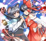  animal animal_ears bags_under_eyes bishamonten's_pagoda black_hair bow breasts capelet detached_sleeves dowsing_rod grey_hair grin hair_bow hair_tubes hakurei_reimu jewelry long_sleeves medium_breasts mouse mouse_ears mouse_tail multiple_girls nazrin ofuda orange_eyes pendant peso_(cheese_company) short_hair sideboob smile tail touhou wide_sleeves 