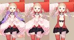  :o bandages bangs bare_shoulders blonde_hair blunt_bangs blush boots close-up club dress flat_chest hair_ornament jacket ji_no long_hair looking_at_viewer magical_girl mahou_shoujo_taisen mahou_shoujo_taisen_contest_1 navel open_mouth purple_eyes ribbon sarashi simple_background skirt solo thigh_boots thighhighs twintails weapon 