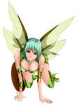  1girl airashiithewolf all_fours breasts cleavage fuu_(naruto) green_hair highres naruto naruto_shippuuden orange_eyes simple_background smile solo transparent_background wings 
