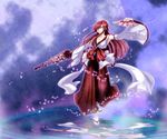  bow breasts cleavage detached_sleeves earrings erza_scarlet fairy_tail fan folding_fan hair_over_one_eye japanese_clothes jewelry large_breasts long_hair miko petals red_hair rokugatsu_no_usagi solo umbrella water 