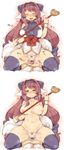  7010 :d ^_^ animal_ears bar_censor black_legwear blush breasts brown_eyes cane censored closed_eyes fusehime_maaya girl_on_top grinding hairband highres holding large_breasts long_hair looking_at_viewer navel nipples open_mouth panties penis precum pussy_juice pussy_juice_stain red_hair shinrabanshou side-tie_panties sitting smile solo sweat tail thighhighs topless underwear very_long_hair white_panties 