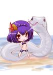  :p absurdres chibi forked_tongue hair_ornament hairpin hands_on_hips highres kuromaru-4321 leaf_hair_ornament looking_at_viewer lowleg mishaguji navel open_mouth purple_hair red_eyes smile snake solo standing tongue tongue_out touhou white_background yasaka_kanako 