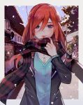  1girl blue_eyes blue_vest border building commentary_request go-toubun_no_hanayome grey_border long_hair looking_at_viewer nakano_miku plaid plaid_scarf red_hair scarf smile snow solo vest winter ziiiing 