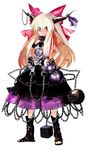  alternate_costume arm_strap banpai_akira bare_shoulders belt blonde_hair bottle bow brown_eyes chain eyeball full_body game_cg hair_bow horns ibuki_suika koumajou_densetsu koumajou_densetsu_1 leg_warmers long_hair long_skirt low-tied_long_hair non-web_source orange_hair sandals skirt smile solo standing touhou white_background 