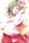  :d ^_^ blush closed_eyes flower green_hair hair_flower hair_ornament kazami_yuuka open_mouth petals plaid plaid_vest satomachi short_hair smile solo touhou vest wind 