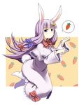  absurdres animal_ears bow bunny_ears bunny_tail capelet carrot crescent crescent_hair_ornament dress hair_bow hair_ornament hair_ribbon highres kamata_yuuya kemonomimi_mode long_hair no_hat no_headwear patchouli_knowledge paw_pose purple_eyes purple_hair revision ribbon solo speech_bubble spoken_food spoken_object tail touhou very_long_hair white_legwear 