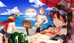  3boys aoi_toori beach blonde_hair brown_hair eyes_closed hat kyoukai_senjou_no_horizon kyoukaisenjou_no_horizon male male_focus money multiple_boys ocean scar shirojiro_bertoni sleeping sunglasses swimsuit tenzou_crossunite tsuka_(raikousama) umbrella 