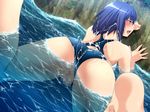  1girl against_wall aku_no_onna_kanbu ass blue_hair blush bukkake censored cum cum_on_clothes cum_on_hair feet female from_behind game_cg girl kaguya_tsukikage lune pussy swimsuit swimsuit_aside water wet 