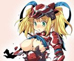  :o areola_slip areolae armor blonde_hair blush breasts green_eyes helmet hermitaur_(armor) hirowa_nagi large_breasts monster_hunter nipples simple_background solo torn_clothes twintails wardrobe_malfunction white_background 