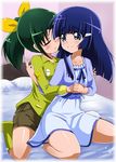  aoki_reika bad_id bad_pixiv_id blue_eyes blue_hair blush casual closed_eyes dress green_hair green_shirt hug long_hair midorikawa_nao mocchi multiple_girls ponytail precure shirt smile smile_precure! yuri 