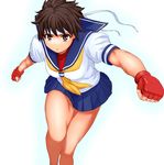  :&lt; bad_id bad_pixiv_id blue_sailor_collar brown_eyes brown_hair fingerless_gloves foreshortening gloves headband kasugano_sakura legs neckerchief sailor_collar school_uniform serafuku short_hair short_sleeves skirt solo street_fighter street_fighter_zero_(series) thighs tonko2 white_background 