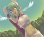  1girl :d armpits arms_up forestmurmurs fuu_(naruto) green_hair looking_at_viewer midriff naruto naruto_shippuuden open_mouth outdoors smile solo yellow_eyes 
