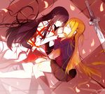  accel_world asuna_(sao) asuna_(sao)_(cosplay) bad_id bad_pixiv_id black_hair blonde_hair closed_eyes cosplay costume_switch creator_connection highres kuroyukihime kuroyukihime_(cosplay) leg_between_thighs long_hair multiple_girls orange_hair petals senya_fuurin skirt sleeping socks sword sword_art_online weapon 