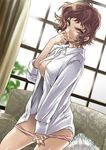  breasts brown_hair couch cuvie large_breasts nightmare_maker nipple_slip nipples no_bra open_clothes open_shirt panties panty_pull pink_panties shirt short_hair sleeves_rolled_up solo standing underwear window yellow_eyes 