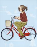  =_= absurdres basket bicycle bicycle_basket blue_background blush brown_footwear cargo_pants casual closed_eyes coat from_side full_body fur-trimmed_jacket fur_trim green_pants ground_vehicle hidamari_sketch highres itou_yoshiaki jacket landlady_(hidamari_sketch) long_sleeves official_art pants profile riding scan shoes short_hair short_ponytail smile solo 