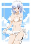  :d :p akagiakemi bikini blue_hair blush breasts cleavage collarbone dagger hand_on_own_chest izayoi_sakuya large_breasts maid_headdress navel open_mouth red_eyes smile solo sweatband swimsuit thigh_strap tongue tongue_out touhou weapon white_bikini 