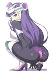  ass bodysuit long_hair looking_at_viewer looking_back nagase_haruhito persephone_(wild_arms) purple_eyes purple_hair red_eyes simple_background solo squatting white_background wild_arms wild_arms_5 